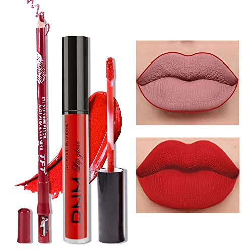 Evpct 2Pcs Ruby Red Matte Lipstick And Lip Liner Stains Makeup Set Dnm Hot Red Matte Liquid Long Lasting And Waterproof Lipsticks 24H Lip Gloss And Lip Liner Set Labiales Mate 24 Horas Originales 14# #TOP25