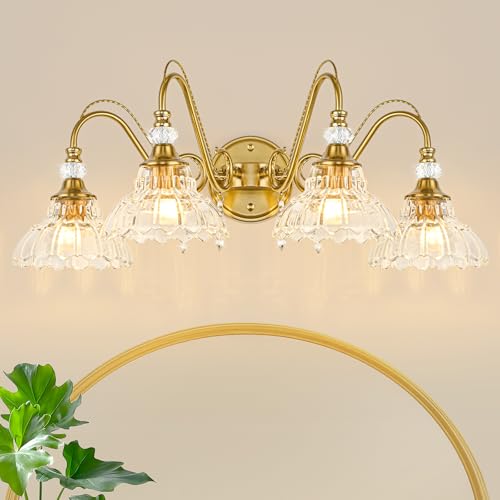 Image of Vintage Bathroom Vanity Light, 4-Light Brushed Gold Finish Wall Sconce with Hanging Crystal Accents and Flower-Shaped Clear Glass Shades, Retro Wall Mount Vanity Light Over Mirror for Bathroom