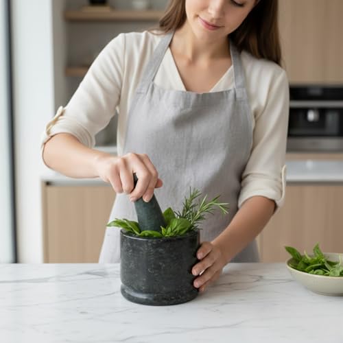 Image of JMH Mortar and Pestle Set Green Marble Khalbatta 4 Inch Flat Design for Kitchen Spice Grinding Manual Masala Crusher Stone Imam Dasta (Dark Green, 4 Inch)