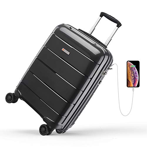 REYLEO Maleta Cabina Rígida 100% Polipropileno Equipaje de Mano con Puerto de Carga USB, Candado TSA, 4 Ruedas Silenciosas (57CM - 31.5L) (Negro)