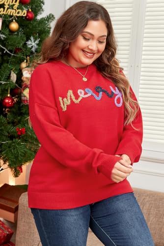 Fiery Red Tinsel Merry Pattern Drop Shoulder Plus Size Sweater for Women4