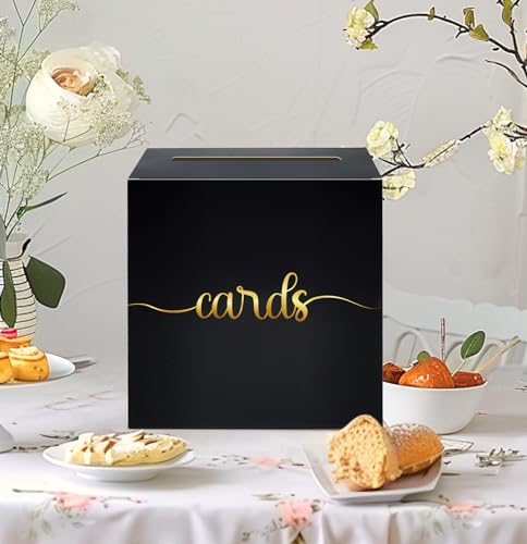 Image of SietDESEO Black and Gold Card Box for Party Gift Card Box Holder for Wedding Reception Baby Shower Birthday Decorations Raffle Ticket Box