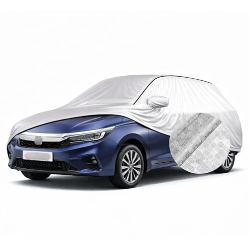 Image of SEAZEN Waterproof Car Cover for Honda City | Dustproof, UV & Scratch Resistant Soft Cotton Lining | Triple Stitched, Mirror Pockets & Elastic Hem | Metallic Silver with Black Piping