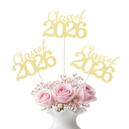 Gold Class of 2026 Double-sided Graduation Table Centerpieces, 12 Pcs Grad Party Decorations with Sticks, Graduation 2026 Party Supplies for Table Decor