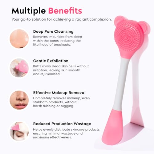 Image of Gleva Silicone Facial Cleansing Brush, Deep Pore Cleansing, Skin Exfoliator, Face Mask Applicator, Soft Silicone Bristles, Pink Bear Shape