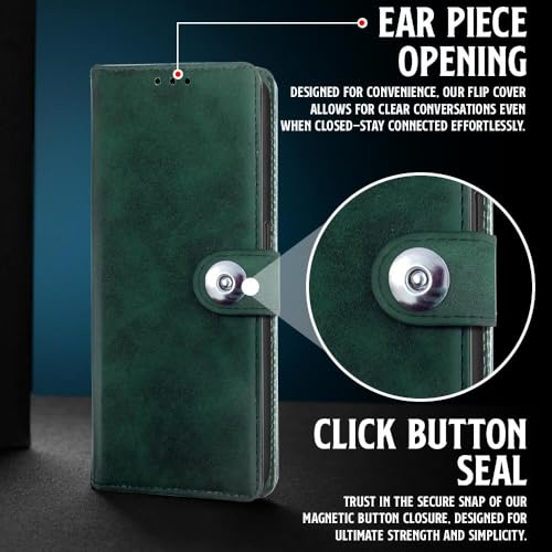 Image of WOW IMAGINE Shock Proof Flip Cover Back Case for Oppo F33 Pro 5G (Magnetic Button Flip Case | Wallet Pockets & Stand | Leather Finish | Forest Green)
