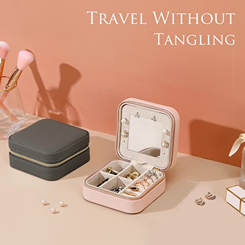 Emibele Travel Jewelry Box, Pu Leather Small Travel Jewelry Case, 3 Layers Travel Jewelry Organizer For Women Girls, Small Jewelry Travel Case With Larger Mirror, Pink #TOP1