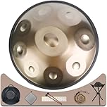 Eavnbaek Tamburo a mano in re minore 440 Hz, 9 note, 55 cm, in acciaio, con custodia morbida, 2 bacchette, supporto per mano e panno antipolvere (oro)