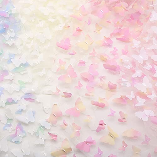 URROMA 1 Yard Pink Embroidery Butterfly Lace Fabric, 3D Butterfly Lace Fabric Mesh Tulle lace for DIY Wedding Dress Costume Accessories Veil Home Decor - Thumbnail 4