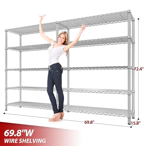 Image of REIBII 69.8 inch W Storage Shelves 1510LBS Wire Shelving Unit 5 Tier Metal Shelving for Storage Rack Shelves Adjustable Heavy Duty Garage Shelf Pantry Shelves Kitchen Shelving,69.8 inchWx15.8 inchDx72.4 inchH,Chrome