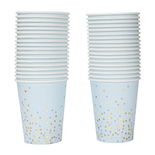 Geeklife Light Blue Gold Dots Paper Cups,Sparkly Gold Foil Disposable Paper Cups 9oz for Wedding,Party,Cocktail and Anniversary Dinner