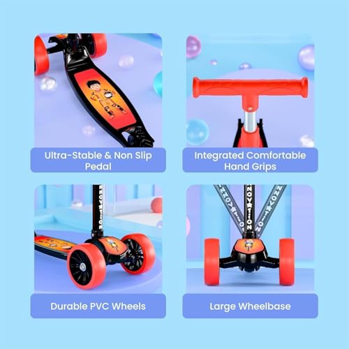Image of PRIVILON Global 3 Wheel Kick Scooter for Kids of Age 3-12 Years, All PU 3 Wheel 4 Level Height Adjustment, Light Weight 50kgs Weight Capacity for Kids (RED, PVC)