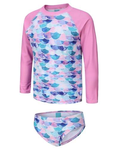 Image of Girls Two Piece Rash Guard Swimsuits Set Long Sleeve Bathing Suit with UPF 50+ Sun Protection Kids Sunsuits Swimwear Set