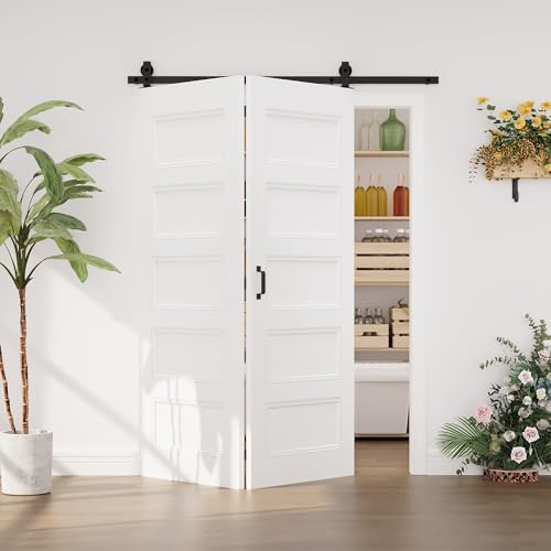 Image of 56 inchx80 inch 5-Grid MDF Molded Panel Bifold Barn Door Slab with 64 inch Track Kit