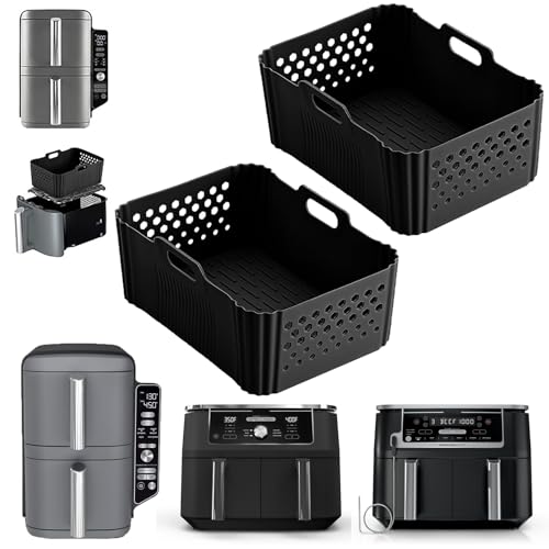 Image of 2 Pack Silicone Air Fryer Liners for Ninja 10QT DualZone DZ401 DZ550 DZ302, Reusable Rectangle Non-Stick Basket Liners, Compatible with Ninja Foodi DoubleStack SL401 SL400 & Other 10 QT Air Fryers