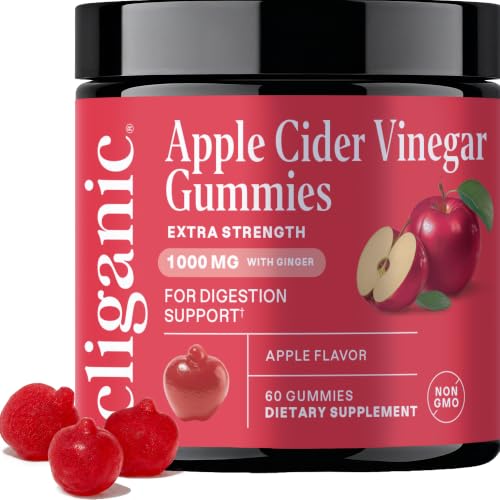 Cliganic Apple Cider Vinegar + Ginger Gummies 1000 mg per Serving Apple Flavor ACV Supplement for Women & Men Non-GMO Supports Digestion Detox & Healthy Metabolism 60 Count