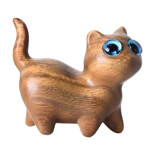 Djowyh Figuras de gato de madera talladas a mano, figura de gato de madera hecha a mano de madera tallada gatos lindos esculturas de madera estatua colección figura animal decoración del hogar