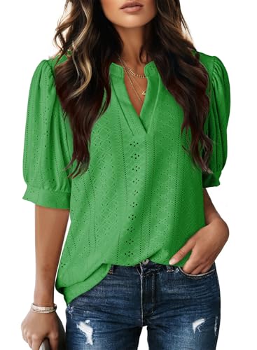 Image of Dokotoo Womens Blouses V Neck Puff Short Sleeve Business Casual Tops