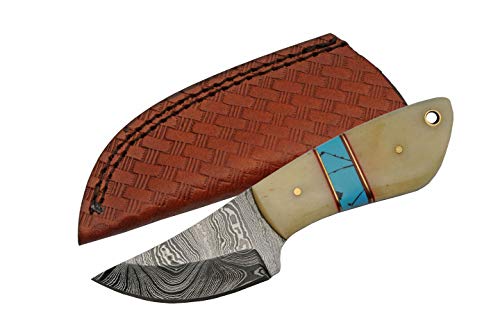 SZCO Supplies Damascus Steel Blue Bone Skinning Knife, White, 6 inches