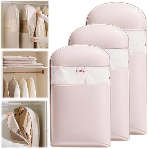 Space Saving Hanging Garment Bag with Self Compression Zipper, Dust Cover Clothes Bags for Down, Space Saver Dust Cover Closet Organizers for Closet Storage (Pink, M+L+XL-3PCS)