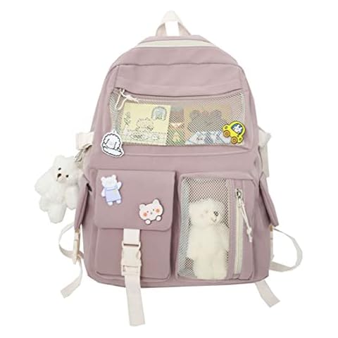 Kawaii Backpack with Kawaii Pin and Accessories Cute Aesthetic Backpack School Bag for Girl Women (Pink) Cover