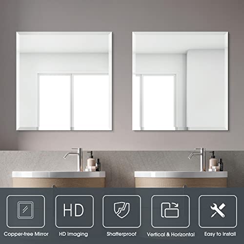 Fumango 30" X 30"Shatterproof Frameless Wall Mirror,1 Inch Beveled Mirror,Square Big Bathroom Mirrors For Wall, Makeup Vanity Mirrors With Polished Edge,Hangs Horizontally Or Vertically, Copper-Free #TOP1