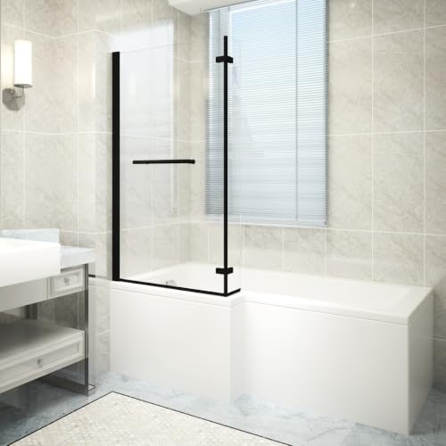 Image of Aquariss Bath Shower Screen with Return Panel Towel Rail 1400x800mm Black