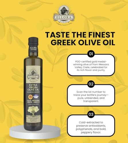 Ellora Farms, Greek Extra Virgin Olive Oil, Single Estate PDO Messara, Greece, Non GMO, cold-pressed, Polyphenol, Glass Bottle, 17 FL oz