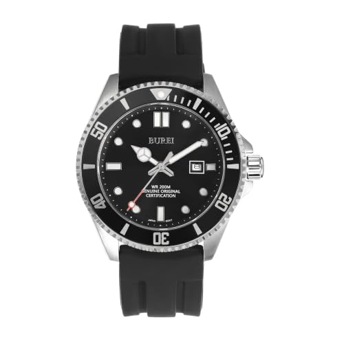 BUREI Männer Uhr 44 mm wasserdicht bis 200 m – professionelle Tauchuhr aus Edelstahl mit Silikonband, Quarzwerk, Leuchtindexen und drehbarer Lünette – perfekt für Abenteuer und Freizeit