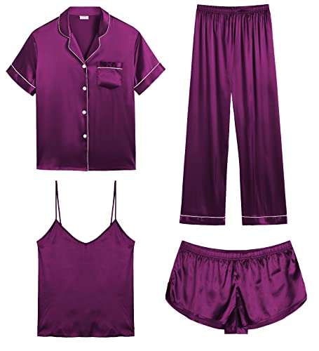 Image of SWOMOG Womens Silk Satin Pajamas Sets 4pcs Sleepwear Sexy Cami Shorts Set and Button Down Short Sleeve Pjs Loungewear Purple X-Large