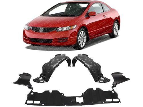 AUTOS PARTS PLUS Front Engine Splash Shield Under Cover + Fender Liners Left Driver & Right Passenger Side Direct Replacement Compatible With 2006-2011 Honda Civic HO1228112 HO1248130 HO1249130