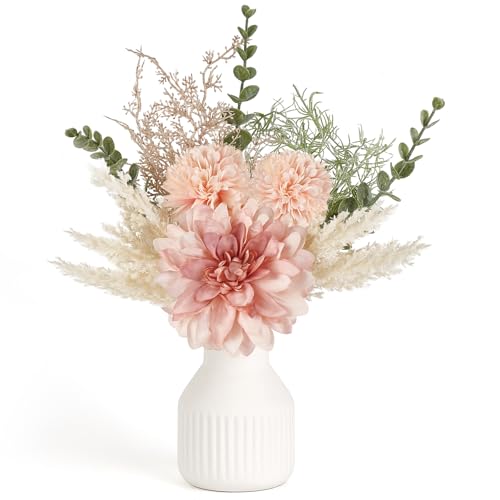 Image of Mkono Small Artificial Flowers in Ceramic Vase 13.5" Centerpieces Coffee Table Decor, Silk Flower Arrangements for Home Decor Indoor Fake Flower Bouquet for Dining Room Kitchen Wedding Pink