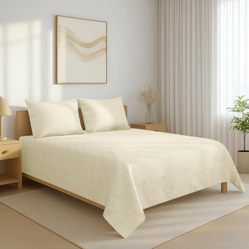 Image of Pizuna Luxurious Cotton Bedspread with 2 Pillow Covers, 400 Thread Count Long Staple Quilted Bed Spread with Soft Polyfill 102X102 Inch Embroidered Cover for Super King Bed, New Ivory