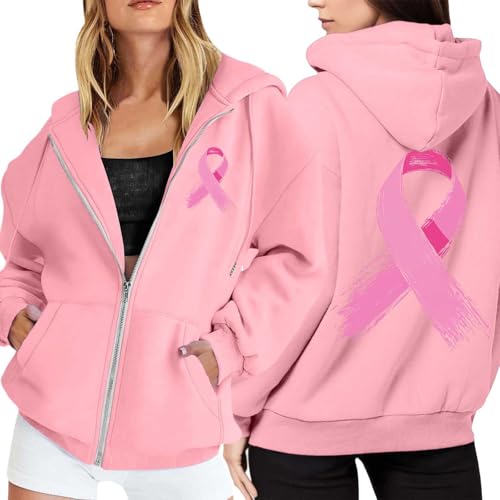 Cancer du sein sweat à capuche zippé femme pull polaire manches longues poche cordon