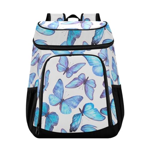 Butterfly Watercolor Blue Cooler Backpack Leakproof Insulated Lunch Cooler Bag 30 Cans Camping Backpacks for Picnic Beach Road Trip