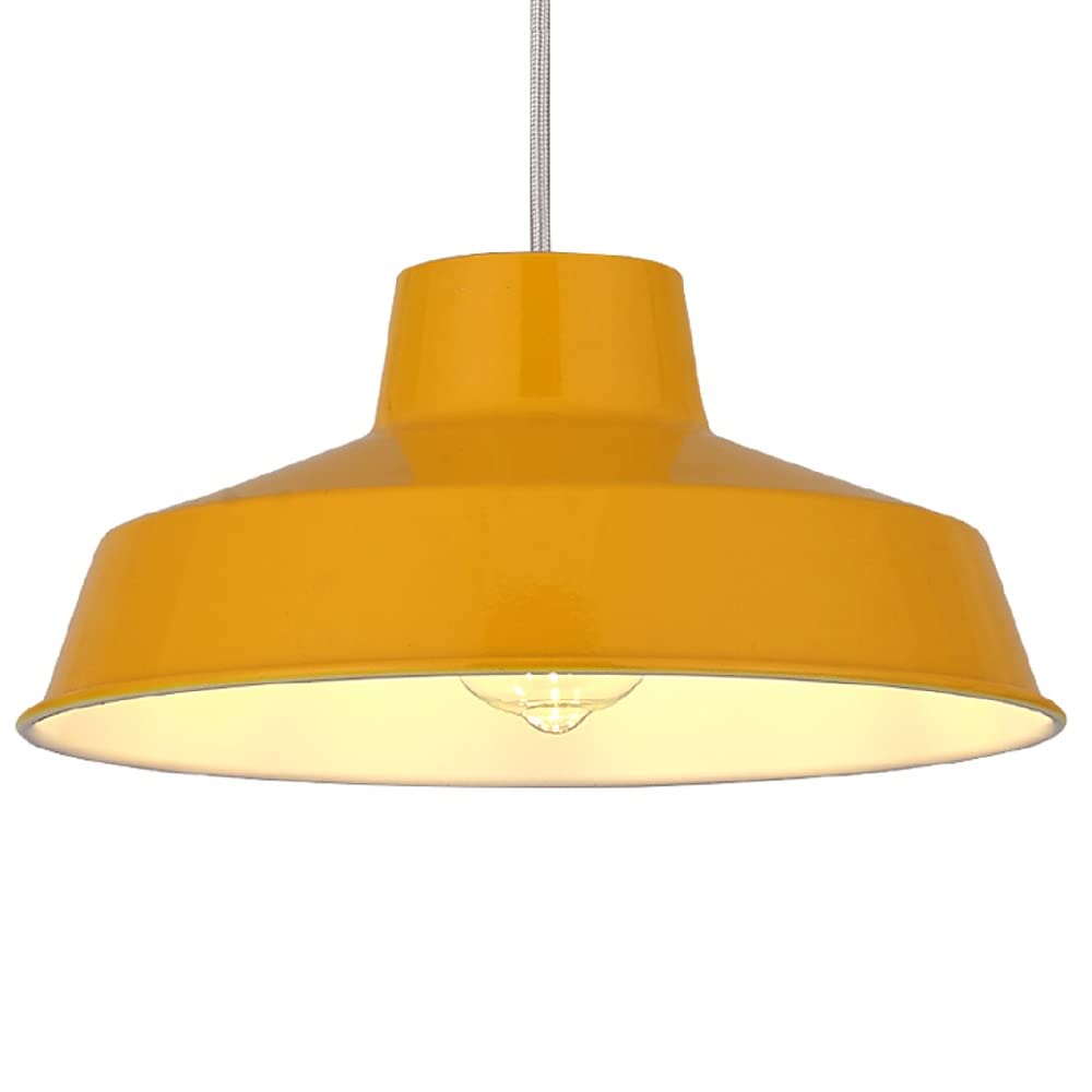 Britalia Mustard Yellow Painted Metal Vintage None Electric Pendant Light Shade | 30Cm Diameter | Easy Fit Retro Ceiling Light | White Inner | Includes Shade Reducing Ring To Fit All Types Of Lampholders