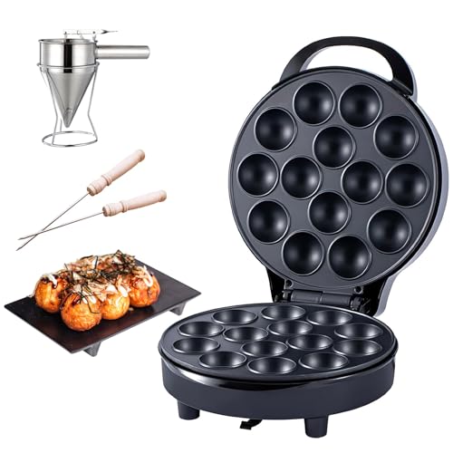 Sartén eléctrica Takoyaki con embudo separador y agujas, calefacción antiadherente de doble cara para bolas de pulpo, huevos de desayuno