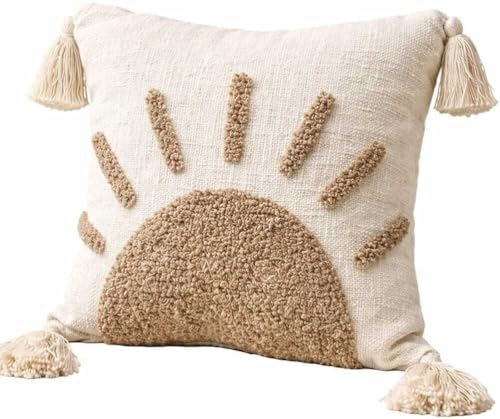 Image of Cushion Cover Pack of 2 (16x16 Inches) | Cotton Textured Decorative Throw Pillow Case for Sofa Bed Living Room Tufted Cushion Cover with Tassels (Brown & Off White)