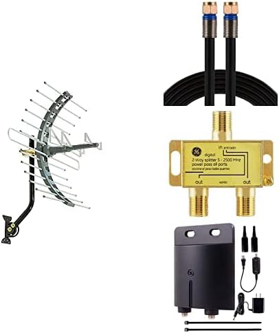 GE Outdoor Amplified TV Antenna, Long Range Weather Resistant, Digital HD 4K 1080P VHF UHF HDTV, Includes J Mount, Outdoor Amplifier, 50 ft. Coax Cable, 2-Way Splitter 2500 MHz
