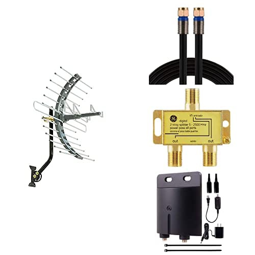 Ge Outdoor Amplified Tv Antenna, Long Range Weather Resistant, Digital Hd 4K 1080P Vhf Uhf Hdtv, Includes J Mount, Outdoor Amplifier, 50 Ft. Coax Cable, 2-Way Splitter 2500 Mhz #TOP19