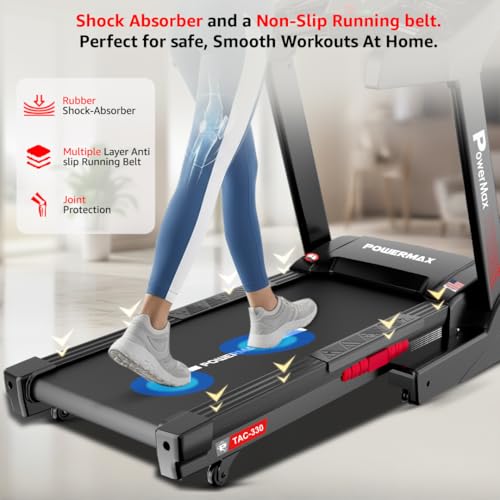 Image of PowerMax Fitness TAC-330 (6HP Peak) Motorized Autoincline Treadmill for Home use, Max User 150kg, 16kmph Speed, Running Deck 1300x480mm, Manual Lubrication, LCD Display, Speaker, iPad Holder, USB