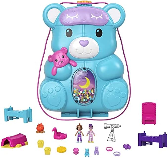 Polly Pocket Teddy Bear Purse Compact, Sleepover Theme with 2 Micro Dolls & 16 Accessories, Gift for Ages 4 Years Old & Up
