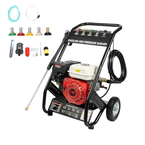 LENJKYYO Benzin Hochdruckreiniger 7,5PS, 2200PSI Hochdruckreiniger Benzin mit 5 Düsen & 26ft Schlauch, Selbstansaugend ProfiHochdruckreiniger Benzinbetrieben für Auto Hof Garten Reinigung