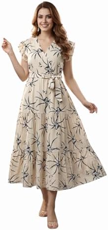 Gianna Western Dress for Women Party | Knee Length One Piece Floral Print Wrap V Neck with Ruffle Sleeve | Fit & Flare Midi - Casual, Office, Daily, Vacation & Outing Wear for Girls & Ladies (XL)