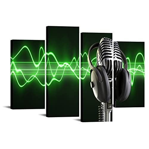 Leinwanddruck, Wandkunst, Vintage, grüne Audiowellen, Kopfhörer und Mikrofon, Musikinstrumente, Fotografie, moderne Giclée-Drucke für Wohnzimmer, Schlafzimmer, Büro, Klassenzimmer, Studio-Dekor Cover