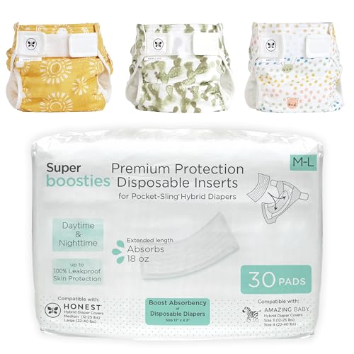 Image of Super Boosties + Honest Hybrid Cloth Diaper Cover with Pocket-Sling, Medium (12-25 lbs), Stops Nighttime Leaks, Boosties Disposable Diaper Inserts, Honest Cotton Muslin Covers, 3 Pack, Starter Kit