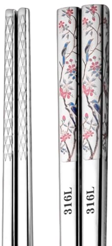 Lake key 箸 2膳 316ステンレス鋼製 家庭用 業務用 アウトドア箸 長さ25cm 27cm 滑り止め 無塗装 菜箸 中空構造 軽さ 便携 耐久性 可直火焼 キャンプ バーベキュー 寿司 出張で使う 朝食用 エレガント カップル箸 (E,27cm