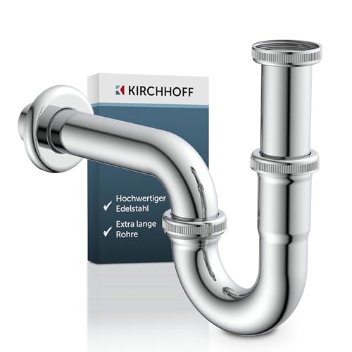 KIRCHHOFF Siphon Waschbecken PLUS, Siphon mit extra langem Abflussrohr und Tauchrohr, Universal Syphon mit Standardanschlussmaßen 1 1/4' und 32mm, 98801120