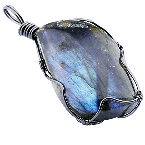 mookaitedecor Labradorite Collier Pendentif Pierre Naturelle Lithothérapie Semi Precieuse Fil Cuivre Bijoux avec Chaîne Cover