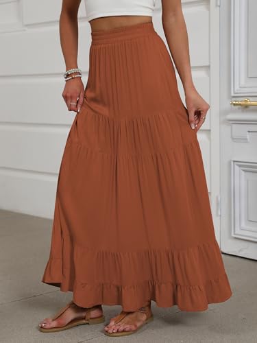 Image of ANRABESS Womens Maxi Skirt Elastic High Waist Swing Tiered A-line Flowy Pleated Boho Beach Vacation Long Skirts